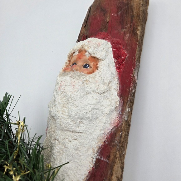 Paper Mache Santa on Wood Bark Rustic Cabin Decor Hand Painted Christmas Holiday - Picture 3 of 7